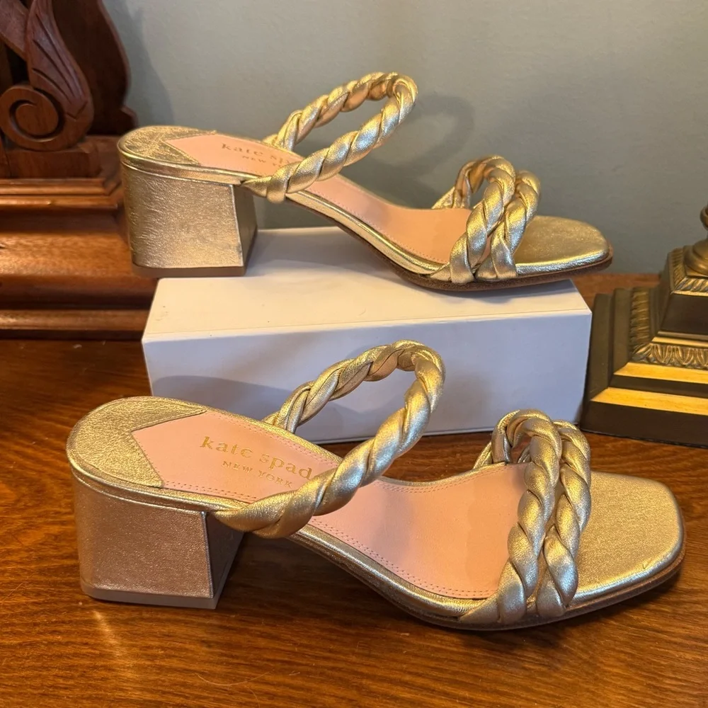 Kate Spade Nina Metallic Gold Leather Braided Block Heel Sandals Size 8 - Picture 6 of 11
